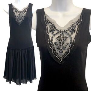 Delicate Micro Mesh Nylon Black Sparkly Beaded Sheer Chevron Flapper Slip Dress🔥